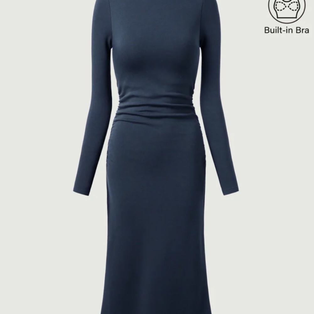 NWT OGL Midi Dress Thermal Boatneck Ruched Sides  Ink Blue Size Small